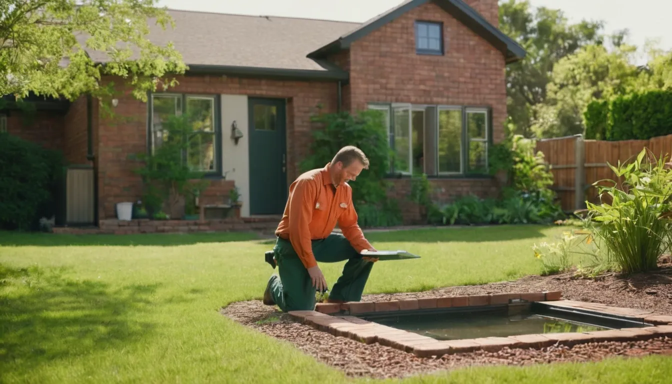 Septic provider and homeowner reviewing a repair near a backyard tank lid in the Lewisville area